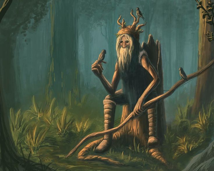 a painting of an old man sitting on a tree stump in the middle of a forest