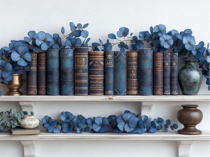 blue flowers and books on a shelf in front of a white wall