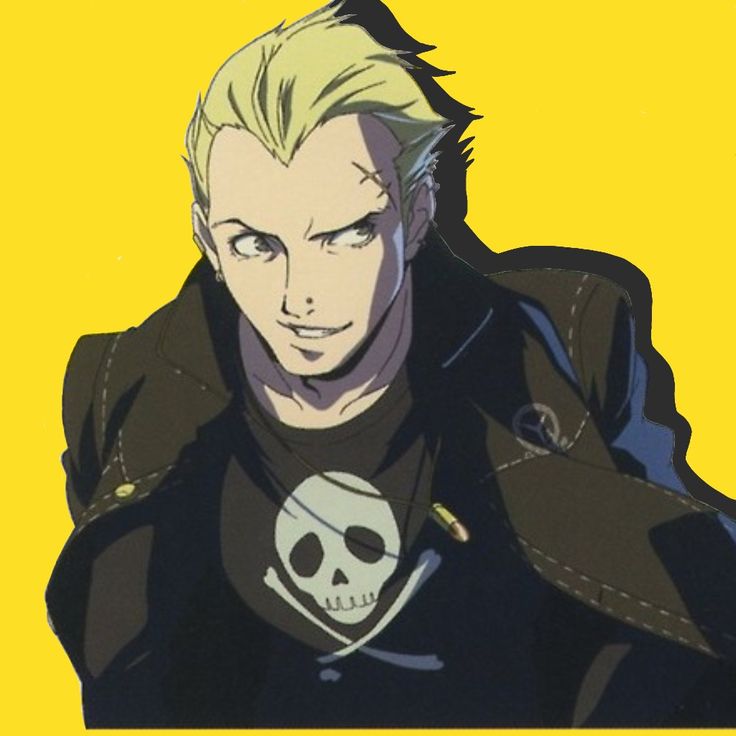 an anime character with blonde hair and a skull on his chest, wearing a black jacket