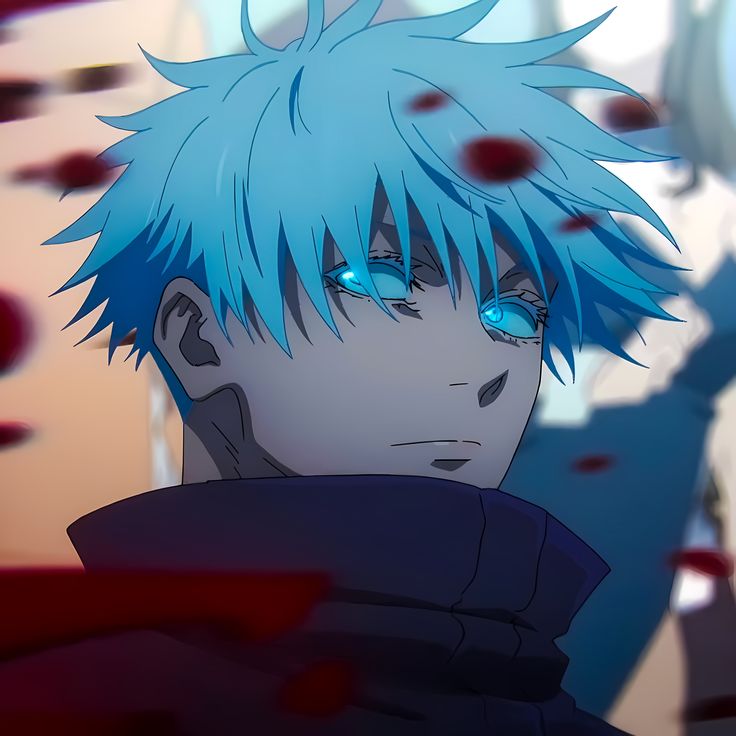 an anime character with blue hair staring at something