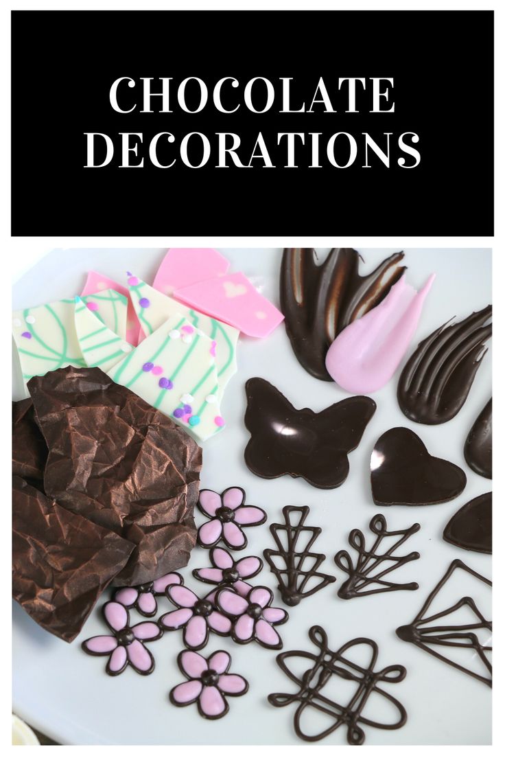 chocolate decorations on a plate with the title overlaying it in black and white