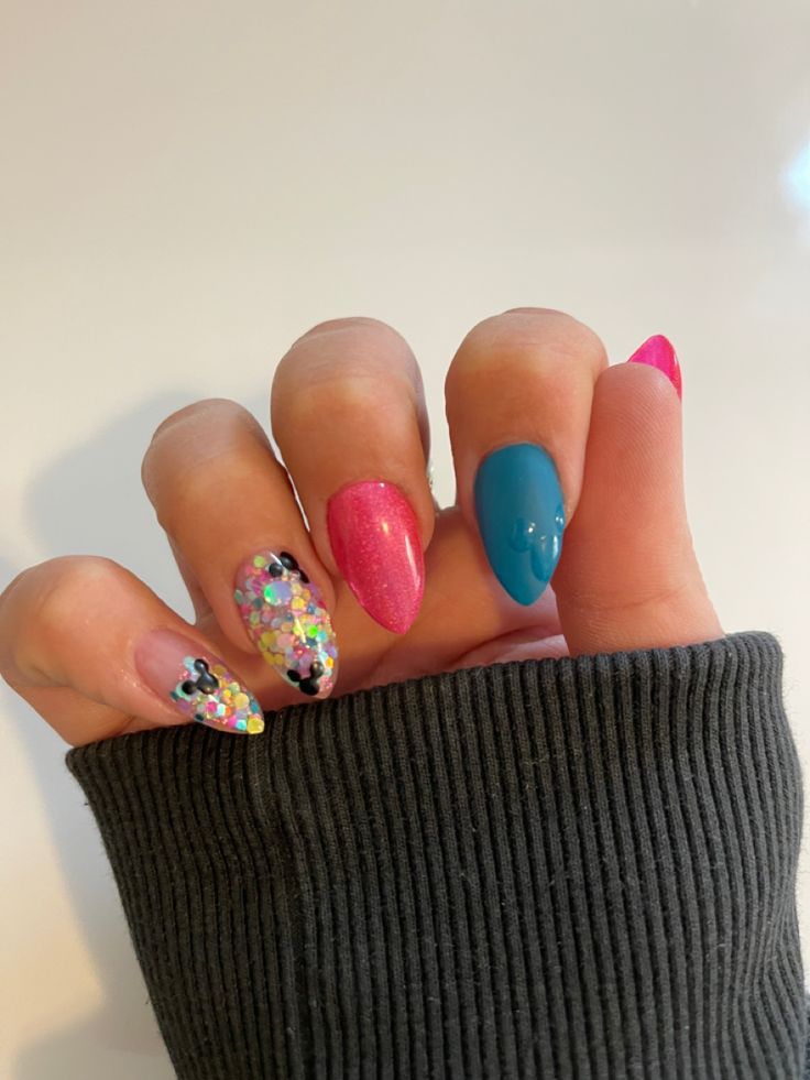 Find the hidden mickey 😏 Disney 50th Anniversary Inspired Nails, Mickey Nails Pink, Mickey Disney Nails, Disney Nails Bright, Colorful Mickey Nails, Low Key Disney Nails, Disney Flower Nails, Sorcerer Mickey Nails, Hidden Mickey Nails