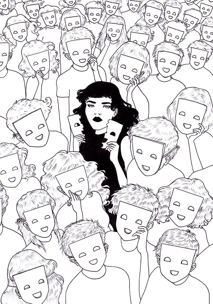 a black and white drawing of a woman surrounded by many people with their faces drawn