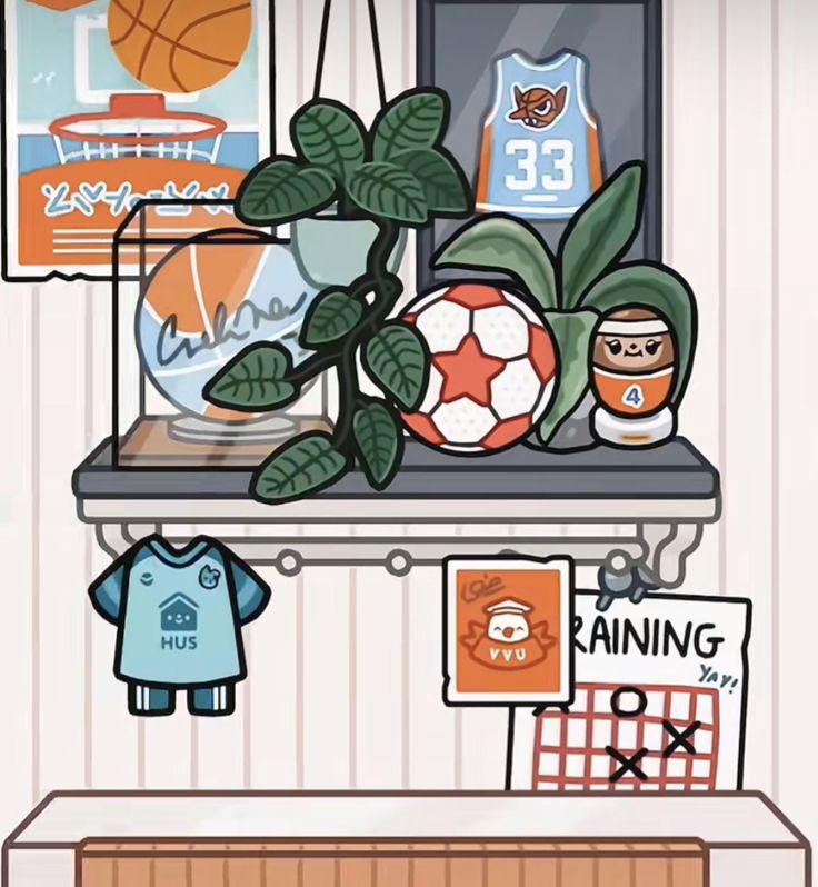 a shelf filled with sports memorabilia next to a wall mounted basketball ball and other items