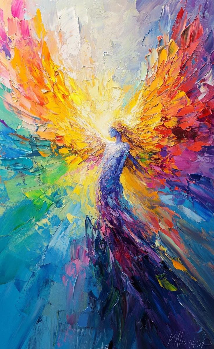 an abstract painting of a person with colorful wings