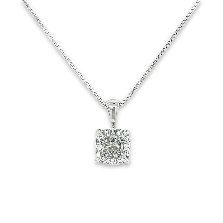 3-Carat Cushion Cut Solitaire Diamond Pendant in 14K Solid White Gold, IGI Certified Lab Grown Diamond Single Pendant | E-J color / VS1-VS2 clarity.  Simple, yet classy. Shop the perfect gift that can't go wrong. A solitaire cushion cut lab-grown diamond mounted in a classic 4-prong white gold mounting. Set in 14k white gold. Fixed with a 4mm bail that fits a variety of chains up to 3.5mm.  Comes with an adjustable length 2mm thick box chain in 14k white gold.  Details:  - Metal: 14-karat gold - Luxury White Gold Square Pendant Solitaire Necklace, Luxury White Gold Solitaire Necklace For Formal Occasions, Formal Solitaire Diamond Cut Necklace, White Platinum Solitaire Necklace, Formal Platinum Diamond Necklace With Polished Finish, Formal Diamond White Necklace With Polished Finish, Formal White Diamond Cut Necklace, Platinum Solitaire Necklace In Diamond White, Elegant Diamond Solitaire Necklace With Polished Finish