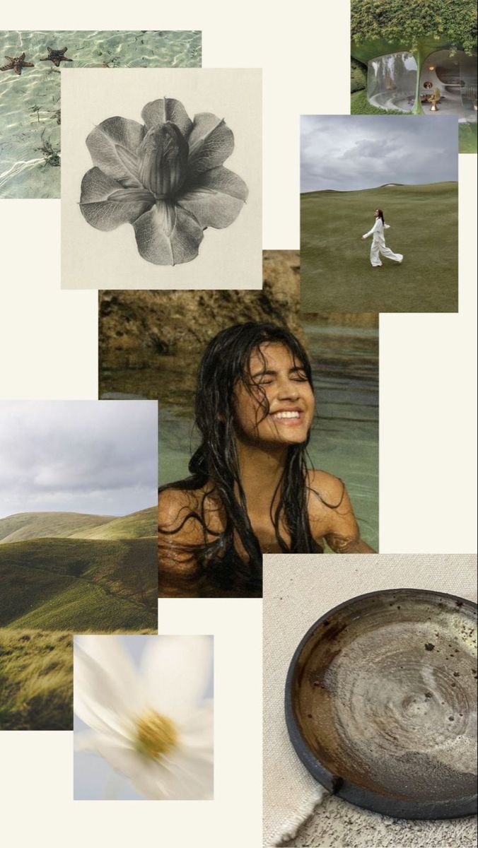 a collage of photos with flowers and people in the background, including a woman's face