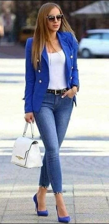 Royal Blue Blazer Outfit, Balmain Blazer Outfits, Blue Blazer Outfit, 2023 Fashion Trends, Outfits Con Jeans, Blazer Outfits Casual, Blazer Outfits For Women, Dressy Casual Outfits, Outfit For Women