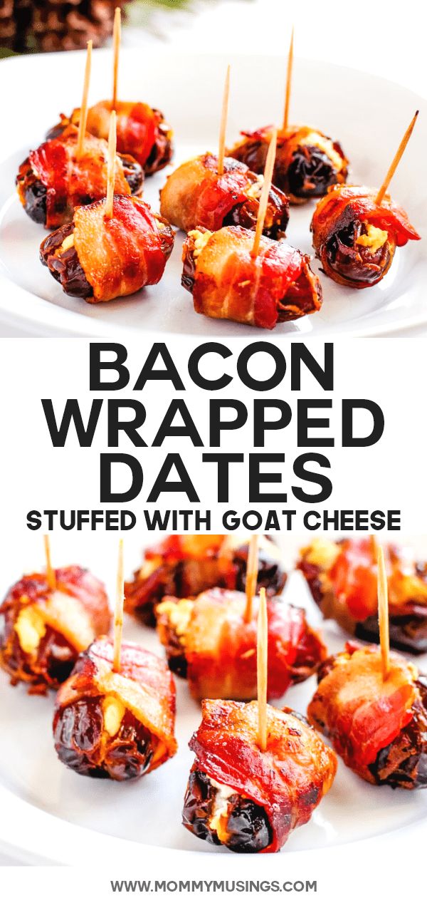 bacon wrapped dates stuffed with goat cheese are on a white plate and the title reads bacon wrapped dates stuffed with goat cheese