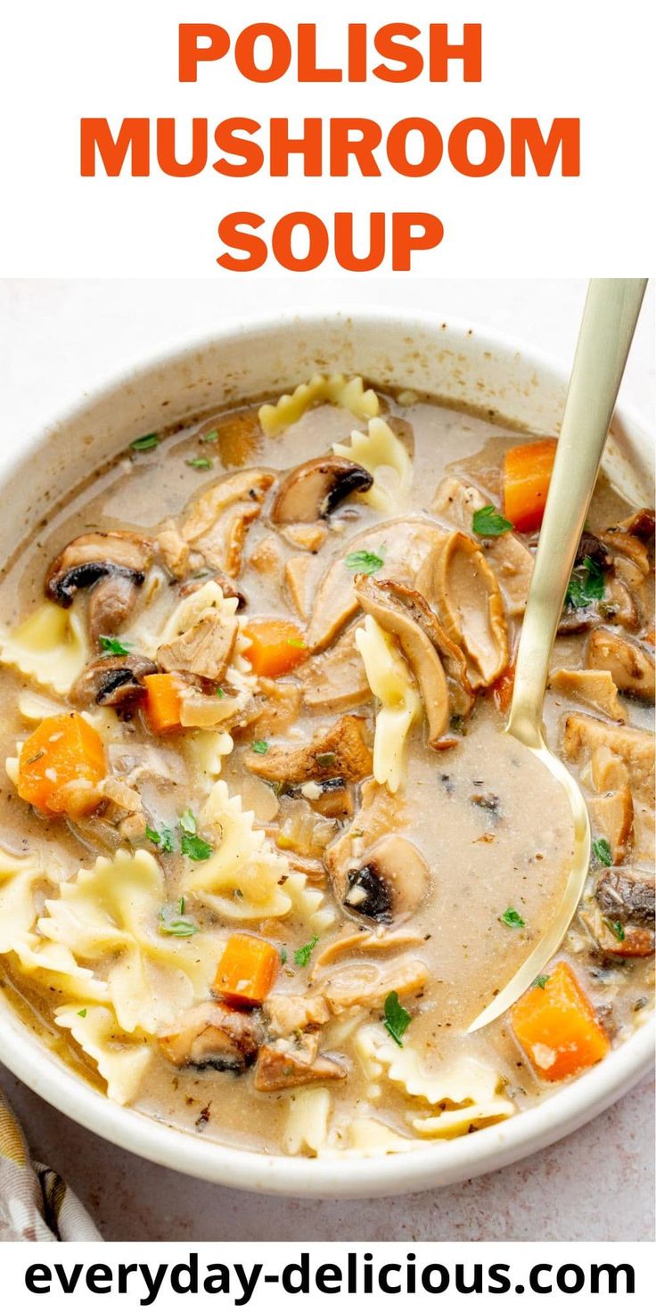 a white bowl filled with pasta and mushroom soup