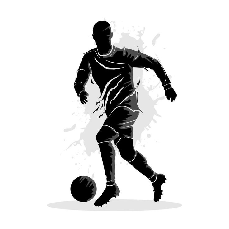 a soccer player dribbling the ball with his foot in silhouette on a white background