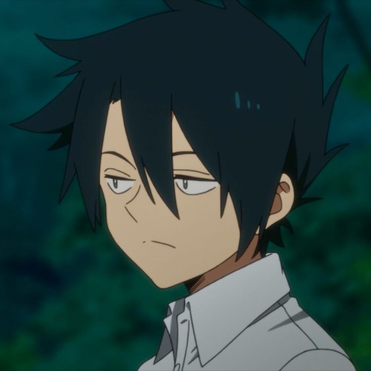 an anime character with black hair and white shirt looking at the camera while standing in front of trees