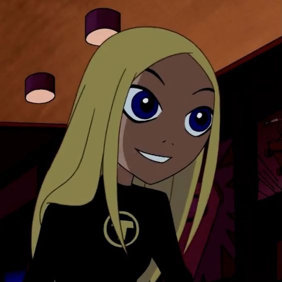 an animated image of a woman with blonde hair and blue eyes, wearing a black outfit