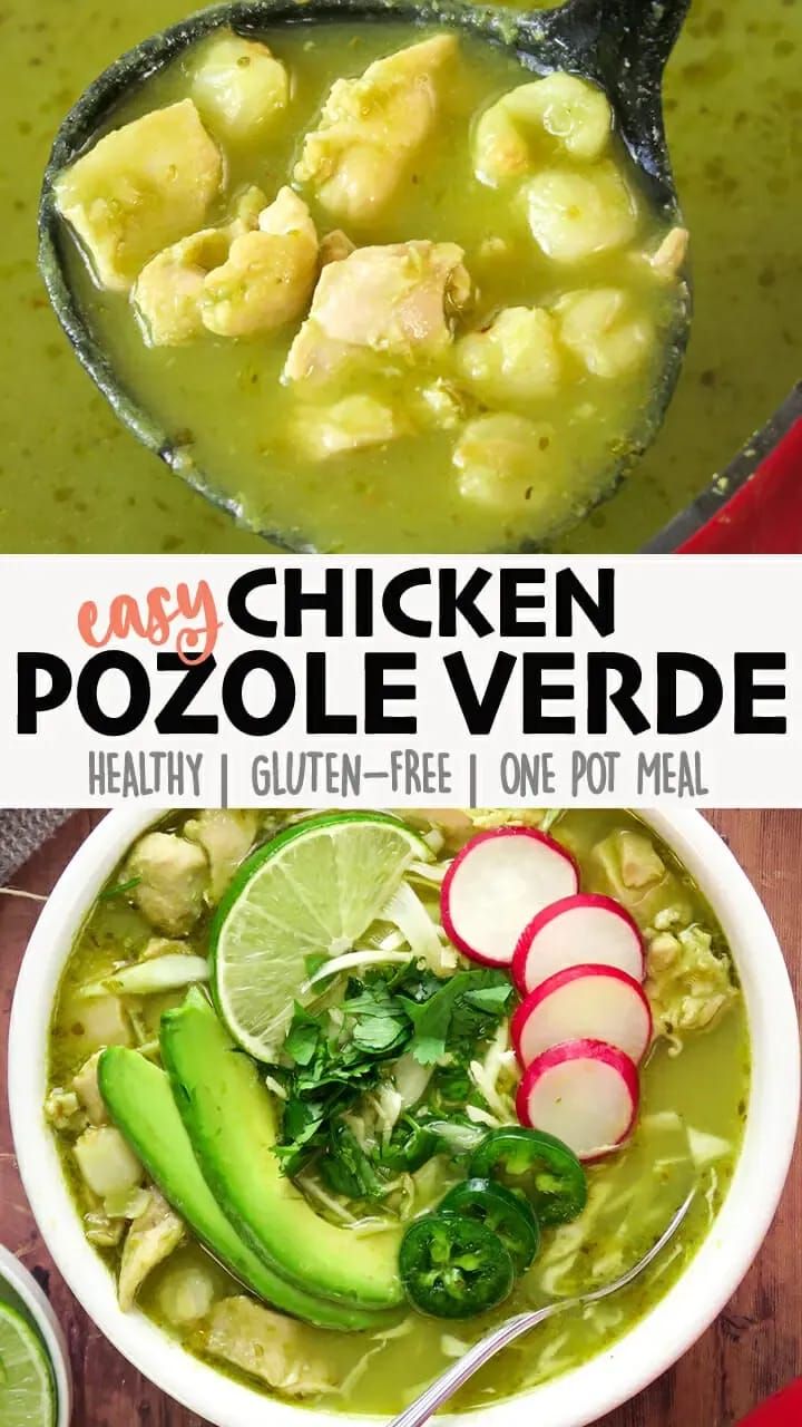 chicken pozole verde soup in a bowl with spoon and sliced vegetables