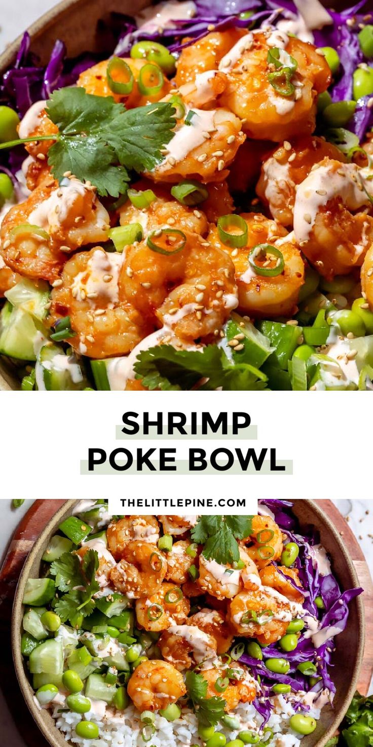 shrimp poke bowl with rice and vegetables in it