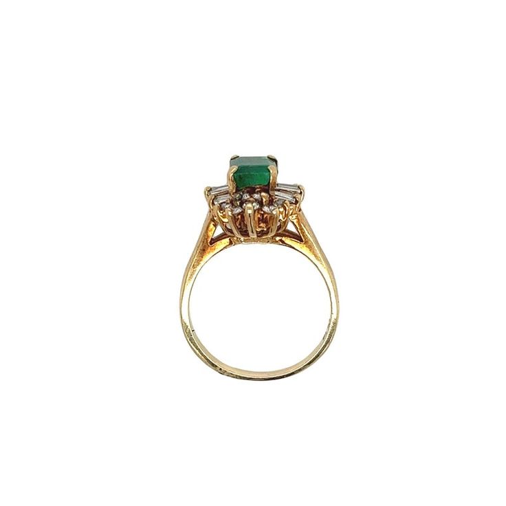 Ring Details: ✔ Gold Karat: 14K ✔ Ring Size: 7 ✔ Ring Weight: 3.9 grams ✔ Mounting: Prong ✔ Shank: Cathedral ✔ Diamonds: (6 baguette-cut diamonds, 0.24ctw) (14 round cut diamonds, 0.19ctw)  Emerald Details: ✔ Carat: 1.00 ✔ Cut: Emerald ✔ Origin: Colombia ✔ Color: Green (deep) ✔ Clarity: Very good ✔ Luster: Excellent Vintage natural Emerald and natural diamond ring in 14k solid yellow gold. This vibrant Emerald bears excellent color and luster. It's well contrasted by a round and baguette-cut dia Cluster Emerald Ring In Yellow Gold With 17 Jewels, Formal Ruby Ring With Baguette Diamonds, Formal Yellow Gold Cluster Ring With Emerald, Formal Green Diamond Ring With Baguette Diamonds, Emerald Ring In 14k Yellow Gold With Baguette Diamonds, Emerald Ring With Baguette Diamonds In 14k Yellow Gold, Vintage Diamond Ring With Baguette Diamonds, Formal Yellow Gold Cluster Ring With Baguette Diamonds, Formal Cluster Ring With Baguette Diamonds