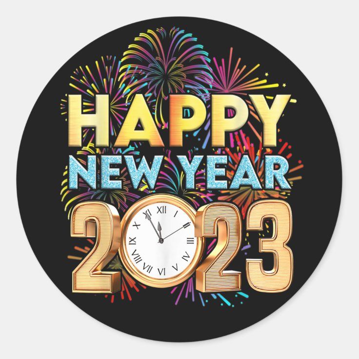 a happy new year clock with fireworks in the background