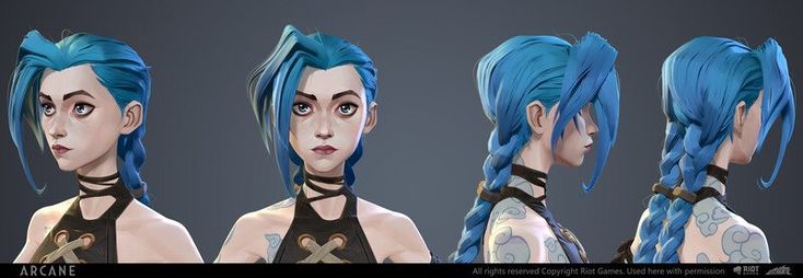 an animation character with blue hair and tattoos