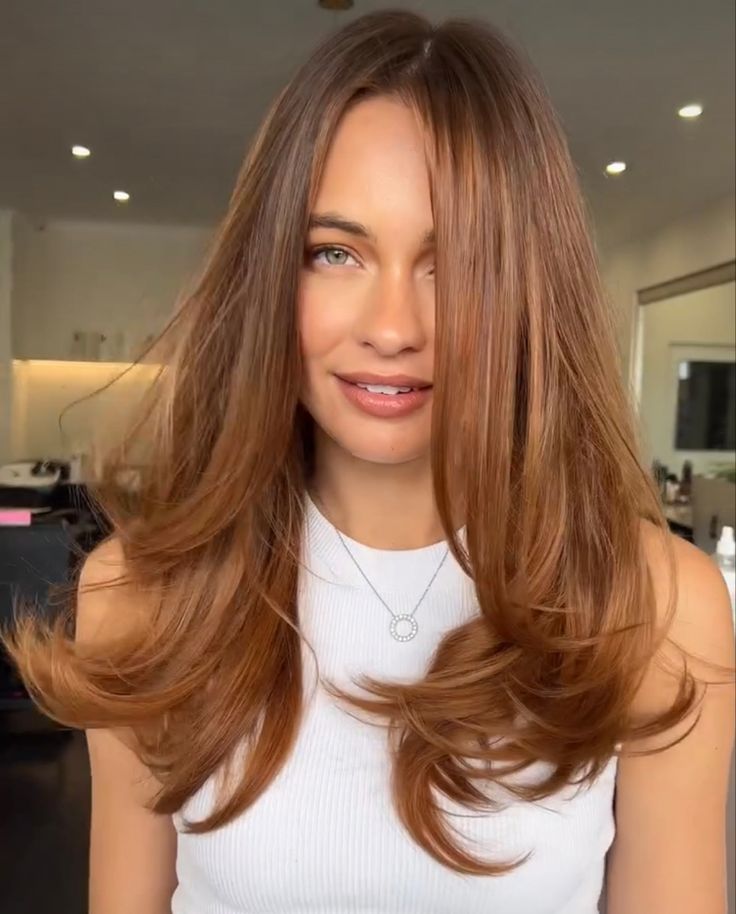 Brunette With Orange Balayage, Fall 2023 Haircut, Copper Dark Blonde Hair, Hayley Kalil Hair, Dark Roots Auburn Hair Balayage, Strawberry Brunette Balayage, Auburn Highlights Brown Hair, Soft Copper Balayage, Copper Glaze On Brown Hair