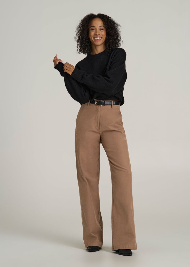 Chino Chic Elevated Everyday Wear for Tall Women Enjoy classic lines made for modern times with our High-Rise Wide-Leg Chino Tall Women's Pants. These pants are a tall girl's dream, combining the classic charm of chinos with a modern wide-leg cut that enhances your silhouette. The high rise keeps you feeling secure and stylish, making these women's tall pants a perfect pick for a professional setting or a polished weekend look.• Wide leg for a contemporary twist on a classic style• High rise for Tall Work Pants Women, Tall Pants For Women, Wool Pants Women, Tall Women Fashion 6 Foot, Pants For Tall Women, Look Wide Leg, Tall Girl Outfits, Tall Women Fashion, Feeling Secure