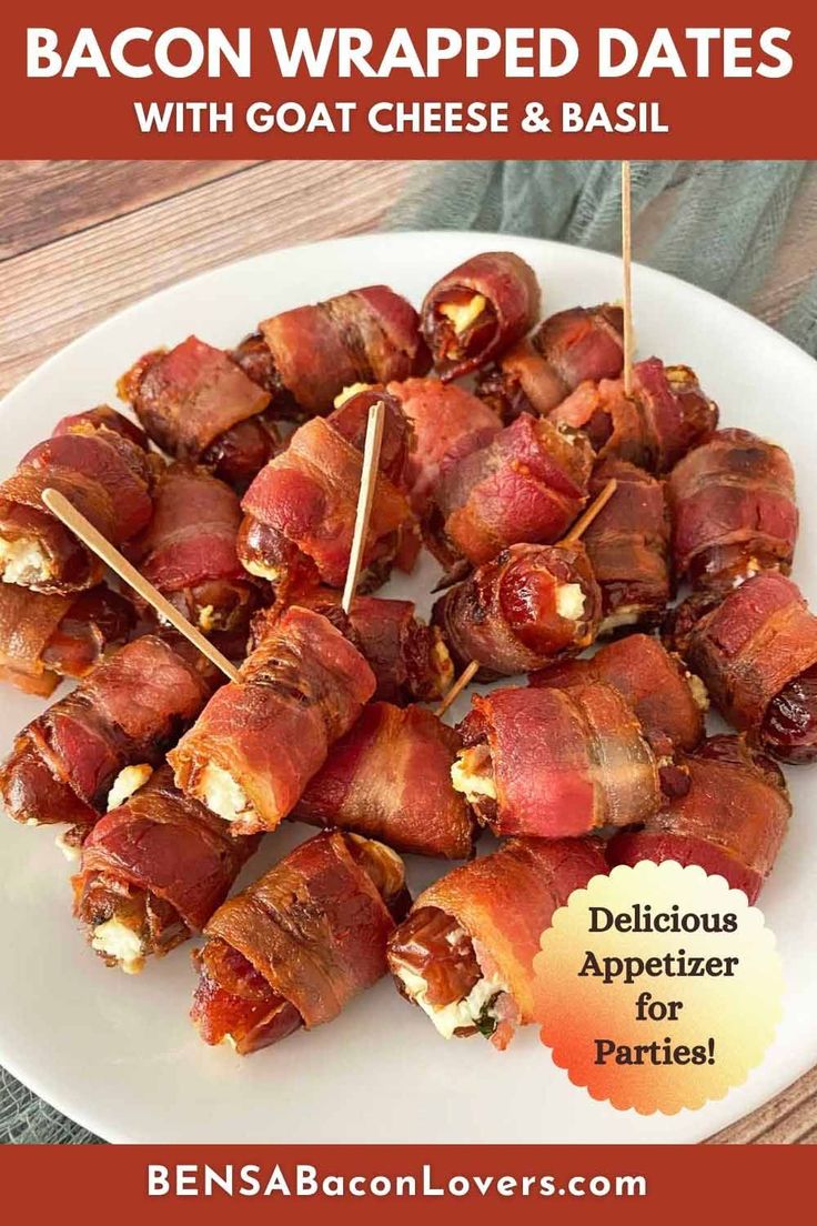 bacon wrapped dates with goat cheese and basil are an appetizer that is perfect for parties