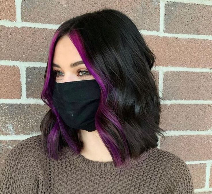 Purple Highlights In Front Of Hair, Peekaboo Hair Color For Tan Skin, Fashion Color Underneath Hair, Black Hair With Colour Underneath, Contrast Highlights Hair Dark, Long Bob With Peekaboo Color, Trendy Dark Hair Color, Cute Hair Colors For Brunettes Short, Black Hair On Top Color Underneath