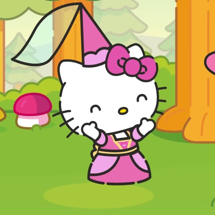 hello kitty is standing in the grass with her hand on her hip and wearing a pink dress