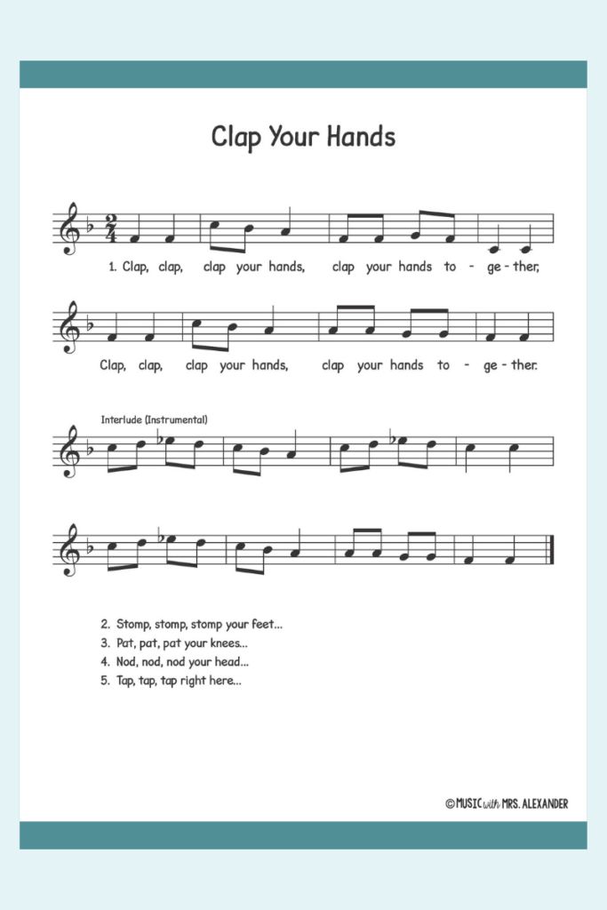 a sheet music page with the words clap your hands written in black and white on it