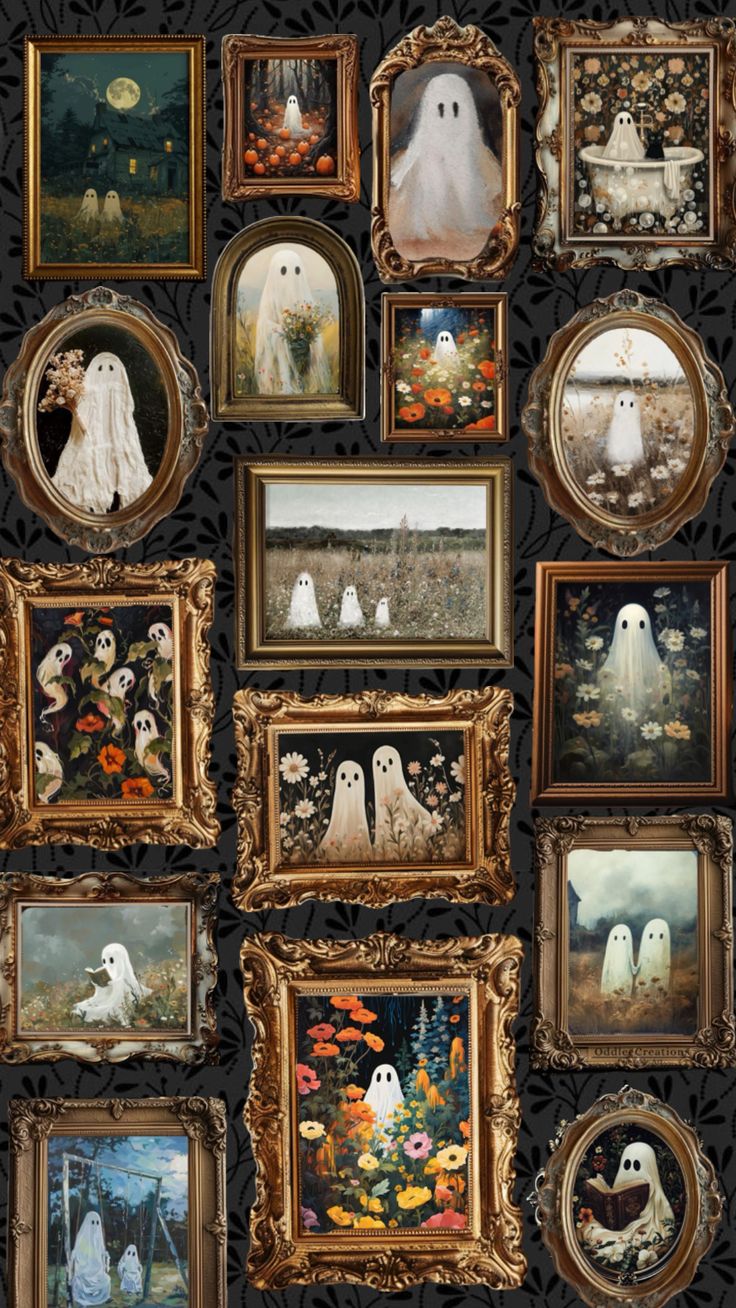 a wall covered in lots of framed pictures and ghost paintings on it's side