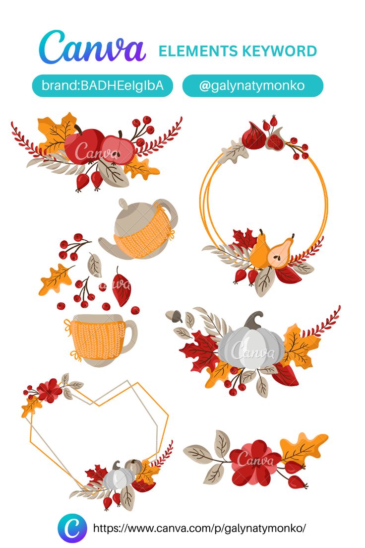 an image of autumn leaves and teapots with the words canva elements keyword