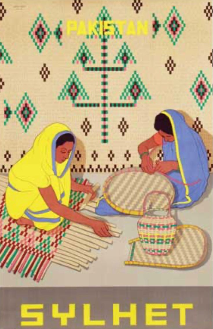 two women sitting on the ground playing with rugs in front of a cross - stitch pattern