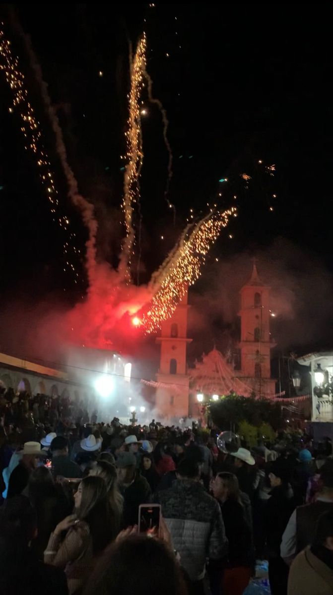 fireworks are lit up in the night sky as people watch and take pictures with their cell phones