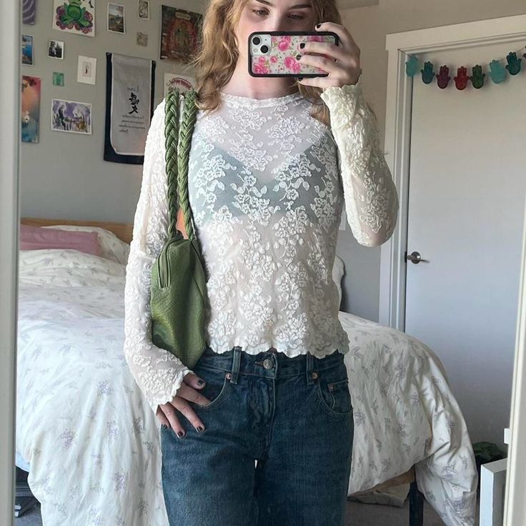 Cute 2000’s outfit - jeans and white lace top. Available on my depop! 2000’s Outfit, Lace Y2k, Lace Long Sleeve Top, Mesh Tank Top, Outfit Jeans, Y2k Clothing, White Lace Top, Lace Long Sleeve, Cream Lace