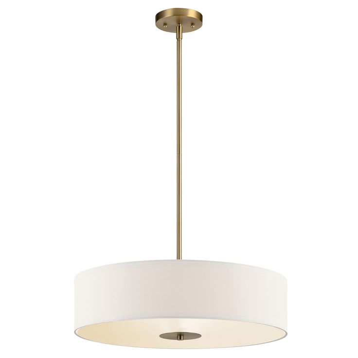 a light fixture with a white drum shade on the bottom and a gold metal base