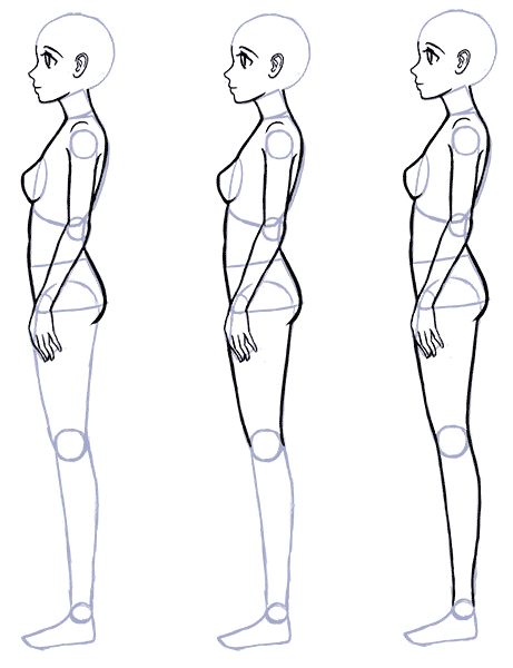 an animation character's body is shown in three different positions, including the head and shoulders