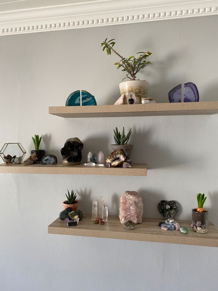 three wooden shelves filled with different types of rocks and succulents on them