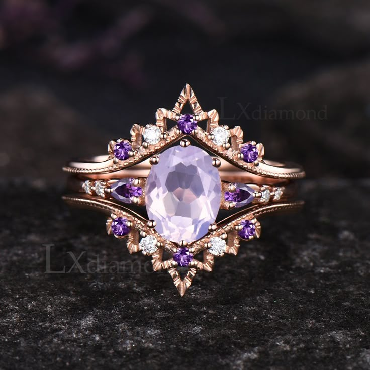 Item description ✦ Handmade, high-quality item! ✦ Material: 925 sterling silver, Solid 10k/14K/18K GOLD (can be made in white/rose/yellow gold) Engagement ring ✦ Center stone: Natural Lavender Amethyst. ✦ Size/Weight: 6x8mm Oval Cut ✦ Side stones: Pear Cut Natural Amethyst and Round Cut Moissanites Wedding band ✦ Gemstones: Round Cut Moissanites and Natural Amethyst Any ring size can be made,if the ring size is not in the option list ,contact me. As it is handmade,it needs 2-4 weeks to finish an