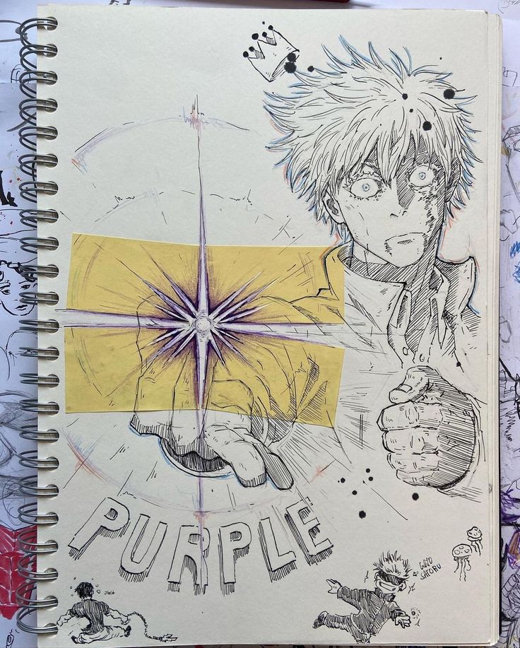 a spiral notebook with some drawings on it and the words purple written in blue ink