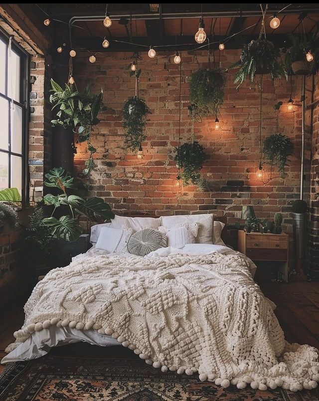 a bedroom with brick walls and plants on the headboard, lights strung from the ceiling