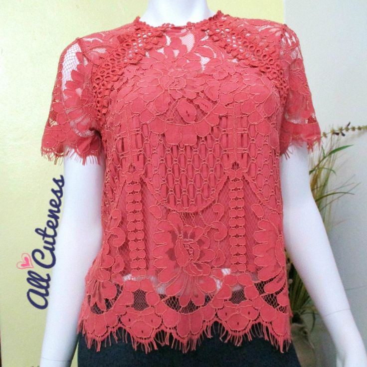 Short Sleeve Top With Eyelash Trim And Sheer Floral Lace. Lined On Front Part Only. -Condition: New -Fabric: 60% Cotton, 40% Nylon. Lining: 100% Polyester -Flat Measures: Size M: Armpit To Armpit: 19" Approx. / Length (Back Neckline To Hem): 22" Approx. *See Pictures For Details; Feel Free To Send Any Questions Before Buying :) *Bundle All Of Your Favorite Items From My Closet And I Will Make You An Offer! Tags: Lace, Contemporary, Summer, Spring, Vacation, Resort, Brunch, Bridal Shower, Bachelo Chic Pink Lace Blouse, Red Lace Tops For Spring, Trendy Pink Lace Tops, Red Lace Tops For Summer, Red Lace Top For Summer, Casual Pink Lace Blouse, Red Lace Blouse For Spring, Stand Collar Blouse, Twist Front Crop Top