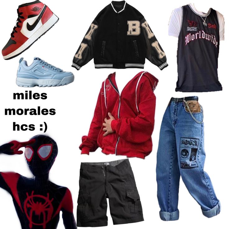 Outfits Inspired By Miles Morales, Spiderman Clothing Aesthetic, Mile Morales Outfit, Miles Morales Themed Outfit, Spider Man Outfit Y2k, Spider Man Inspo Outfit, Spider Verse Inspired Outfit, Miles Morales Clothes Aesthetic, Miles Morales Normal Clothes