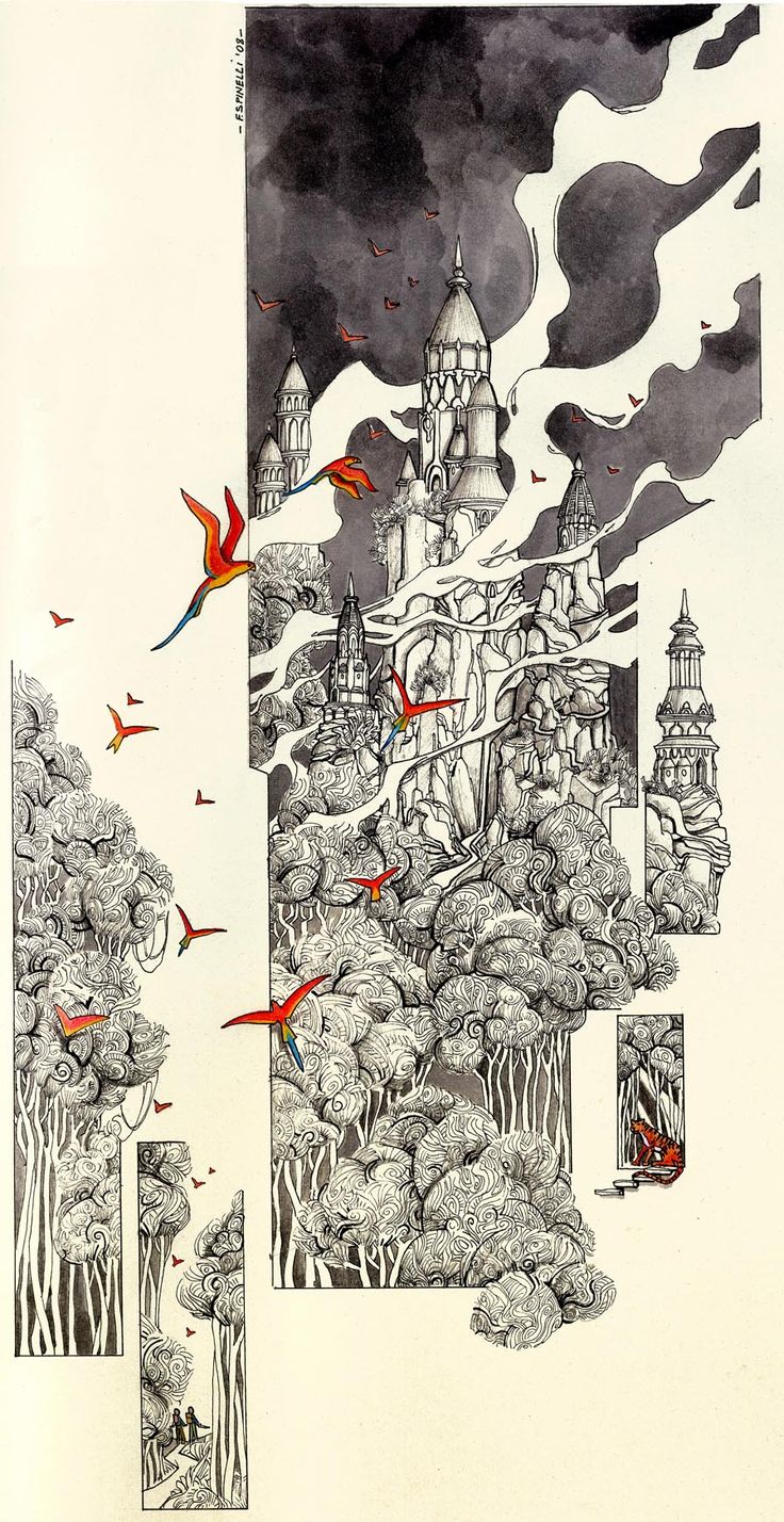 an illustration of birds flying over a castle in the sky with trees and buildings on it