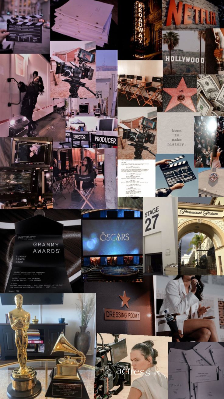 a collage of photos with various pictures and words on them, including an oscar statue