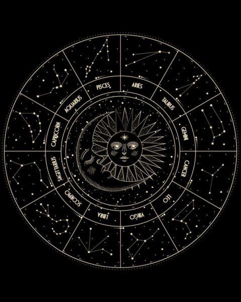 the sun and moon are depicted in an astrological circle, with stars all around it