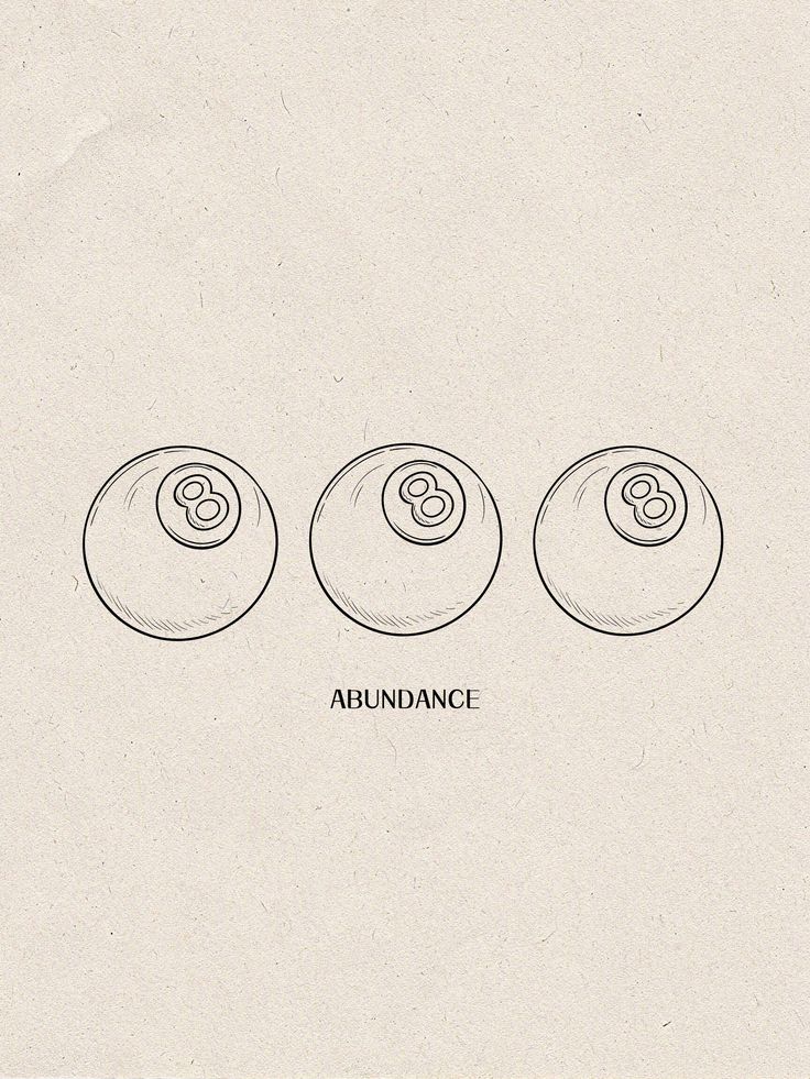 three balls with the words abundance written on them in black ink, and an image of two