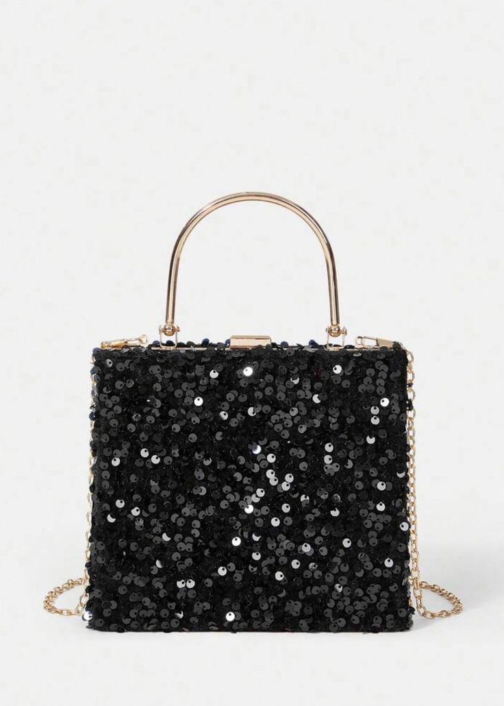 Add a touch of glamour to your evening attire with the Black Sequin Square Evening Bag. The elegant gold top handle adds a sophisticated touch, while the detachable chain shoulder strap offers versatility. Perfect for special occasions and formal events. Party Top Handle Bag With Chain Strap, Chic Handheld Shoulder Bag For Party, Party Handheld Shoulder Bag With Detachable Strap, Handheld Party Shoulder Bag With Detachable Strap, Black Party Clutch With Chain Strap, Rectangular Gala Bag With Gold-tone Hardware, Rectangular Bags With Gold-tone Hardware For Gala, Chic Party Shoulder Bag With Top Handle, Chic Party Shoulder Bag With Detachable Strap