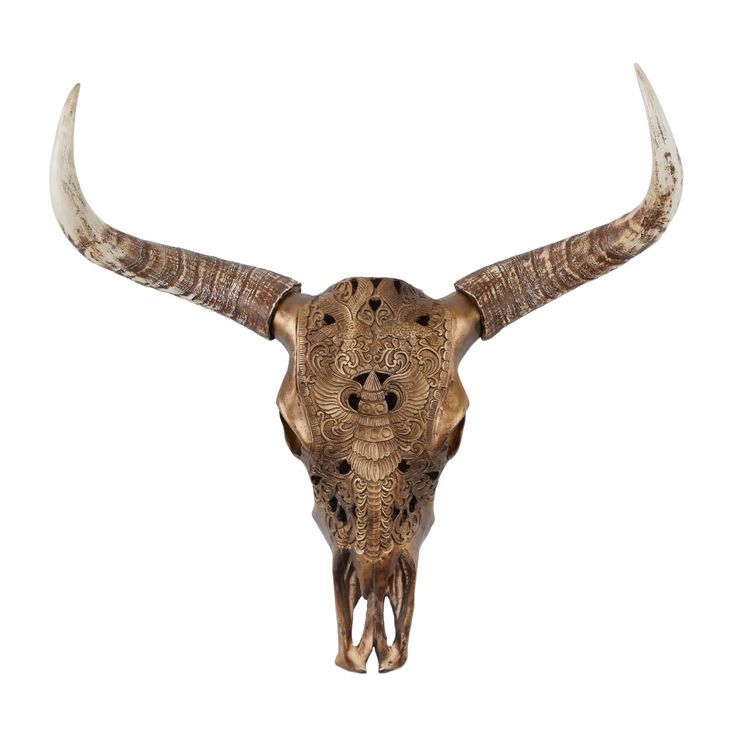 an animal skull with long horns and intricate designs on it's face is shown in front of a white background