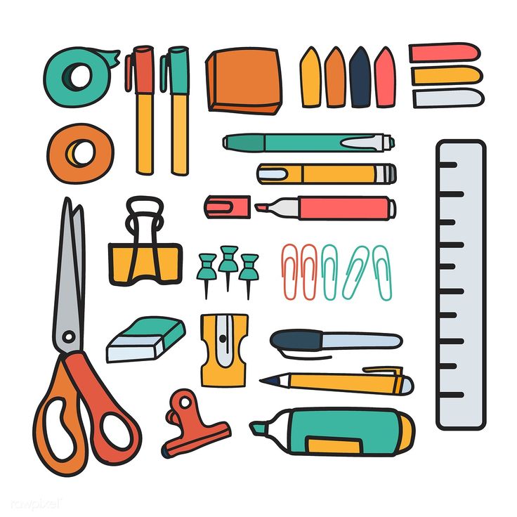 various school supplies are grouped together on a white background, including scissors and pencils