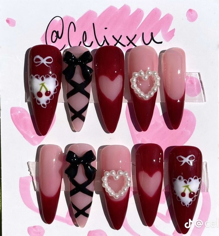 Alternative Valentine Nails, Goth Vday Nails, Dark Valentine’s Day Nails, Vampy Valentines Nails, Emo Valentines Day Nails, Valentines Nails Coquette, Valentine Goth Nails, Vintage Valentines Nails, Goth Valentines Nails Short