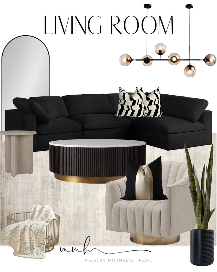 the living room is decorated in black and white with touches of gold to match it